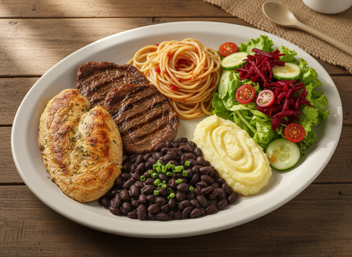 Prato variado com frango, carne, massa e salada photo