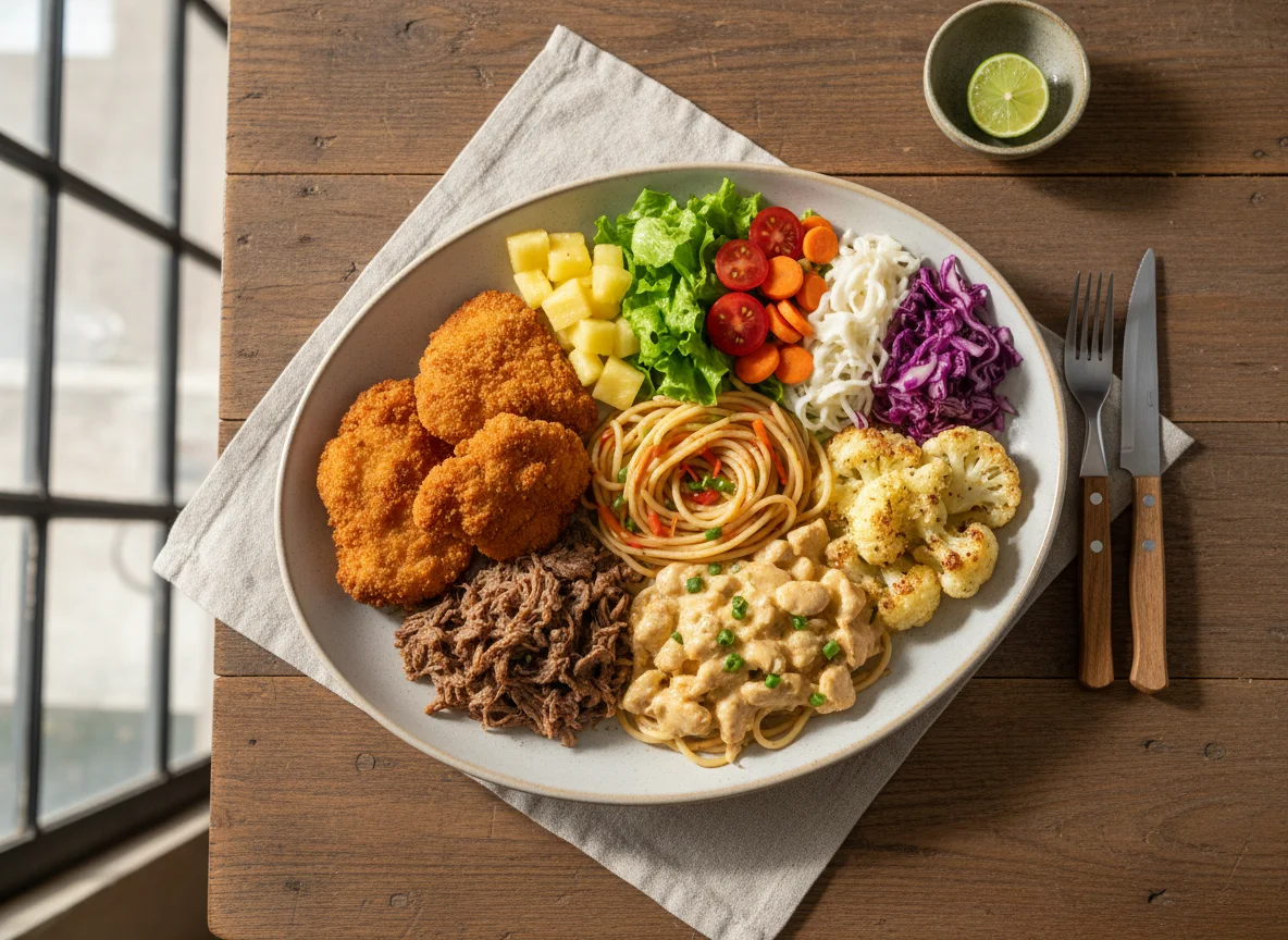 Prato variado com frango, carne, massas e saladas photo