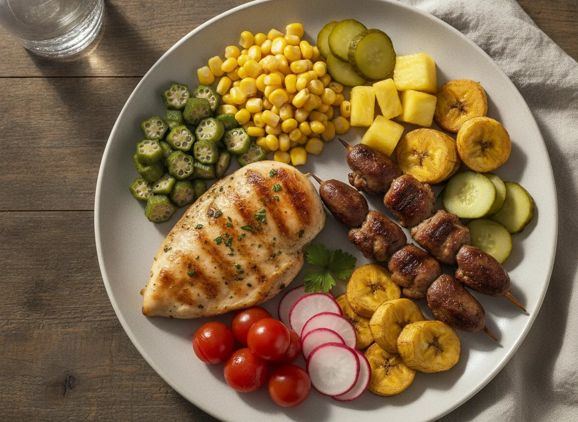 Prato variado com frango, corações de galinha e vegetais photo