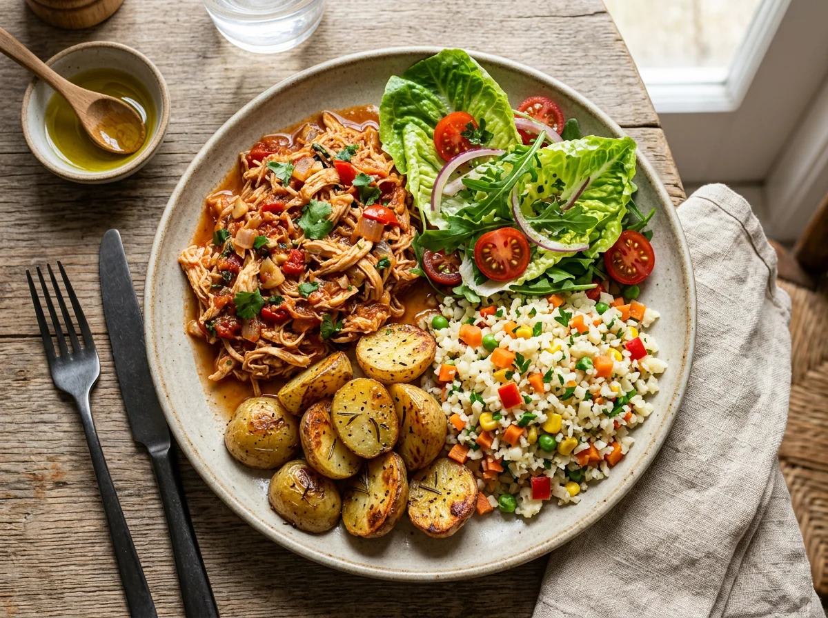 Prato variado com frango desfiado, arroz de couve-flor, batatas assadas e salada photo