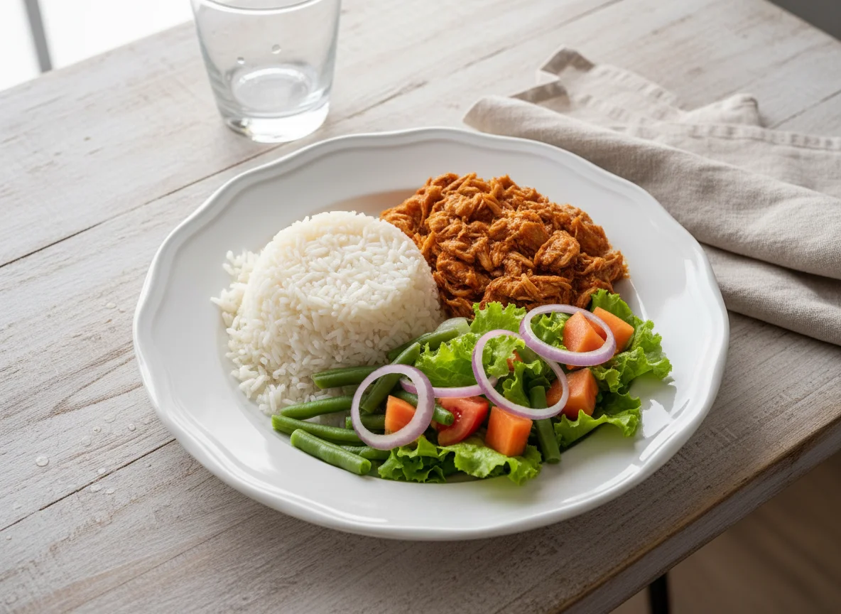 Prato variado com frango desfiado, arroz e salada photo