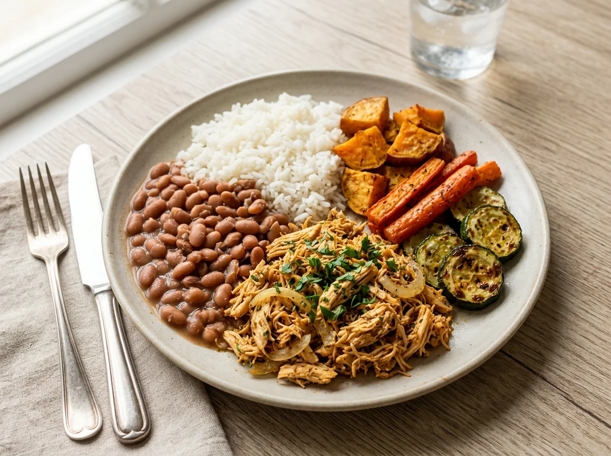 Prato variado com frango desfiado, arroz, feijão e legumes assados photo