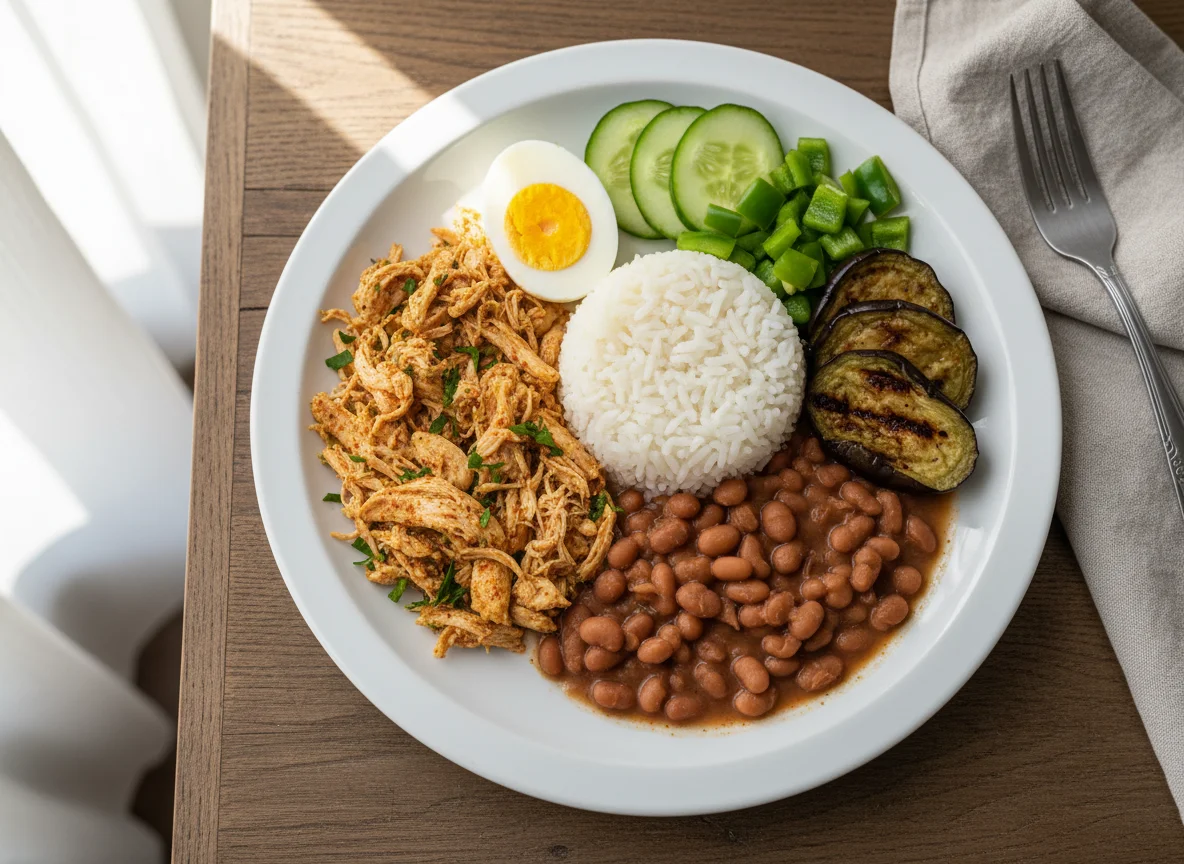 Prato variado com frango desfiado, arroz, feijão e legumes photo