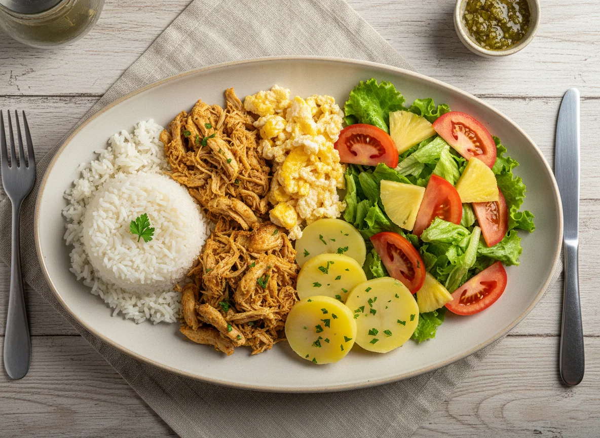 Prato variado com frango desfiado, arroz, ovos mexidos e salada photo