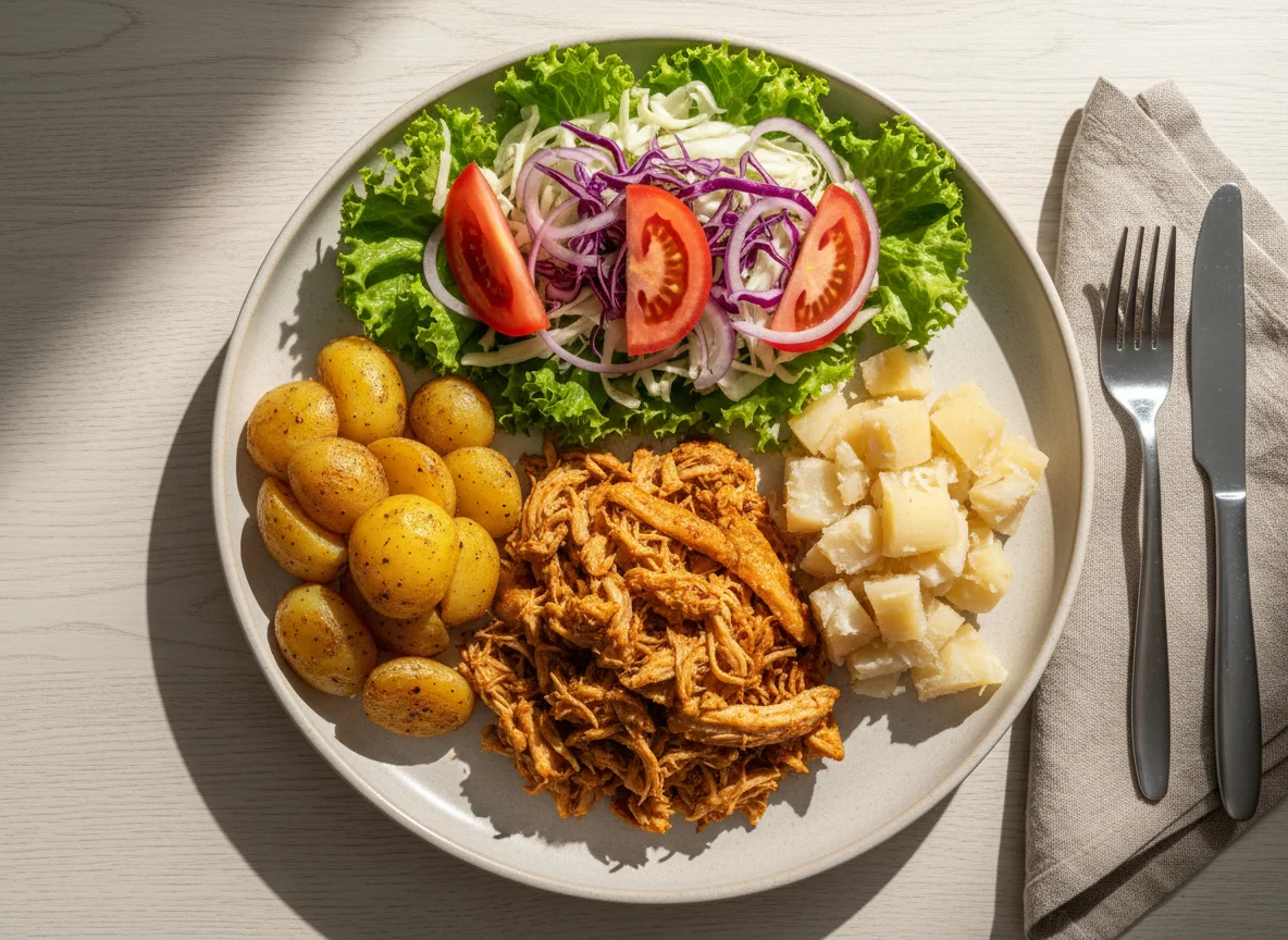 Prato variado com frango desfiado, batata e salada photo