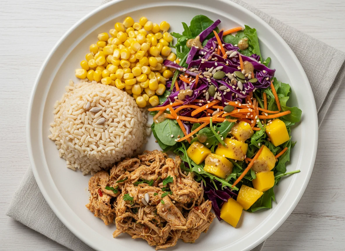 Prato variado com frango desfiado e salada photo