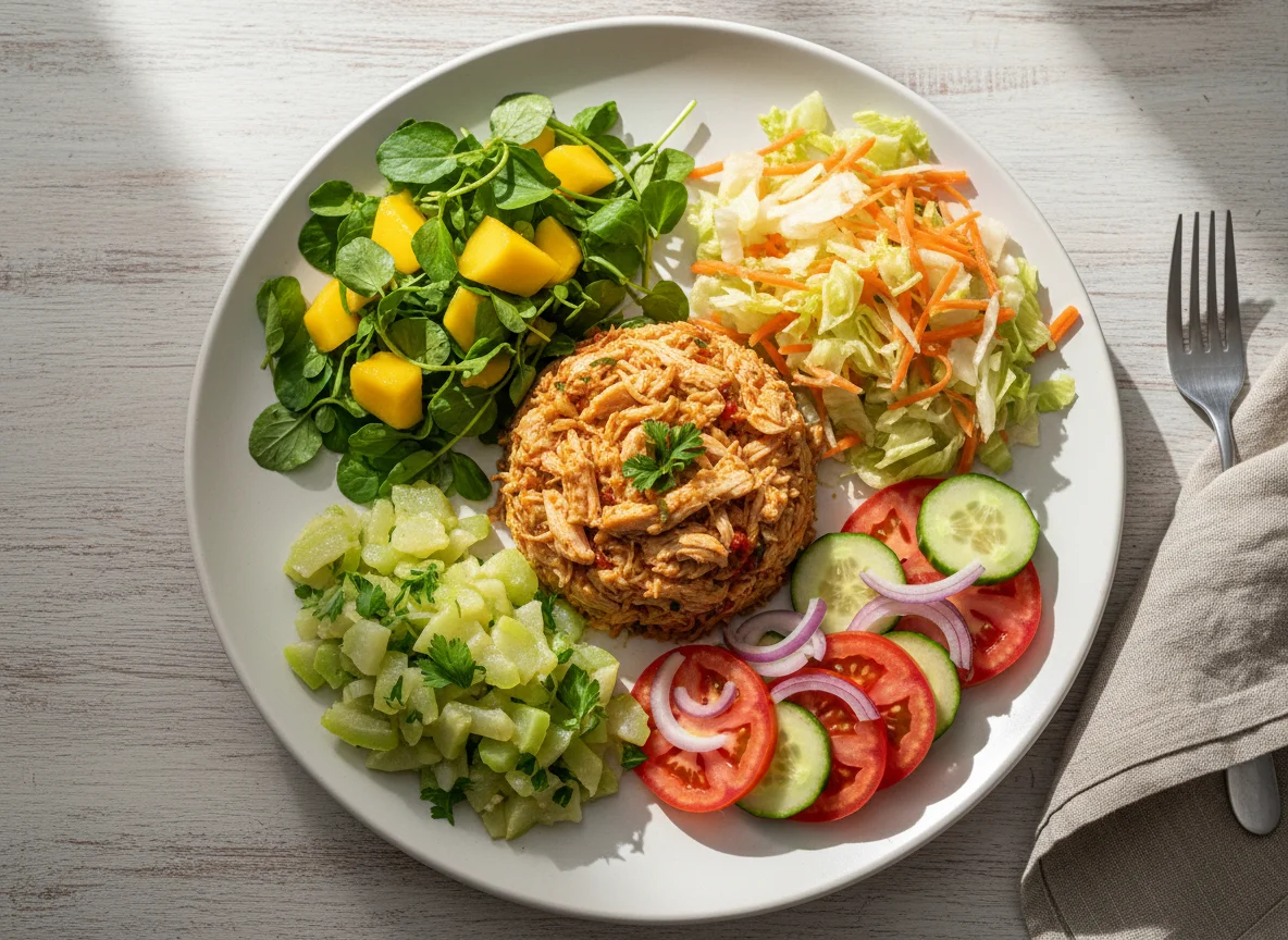 Prato variado com frango desfiado e saladas photo