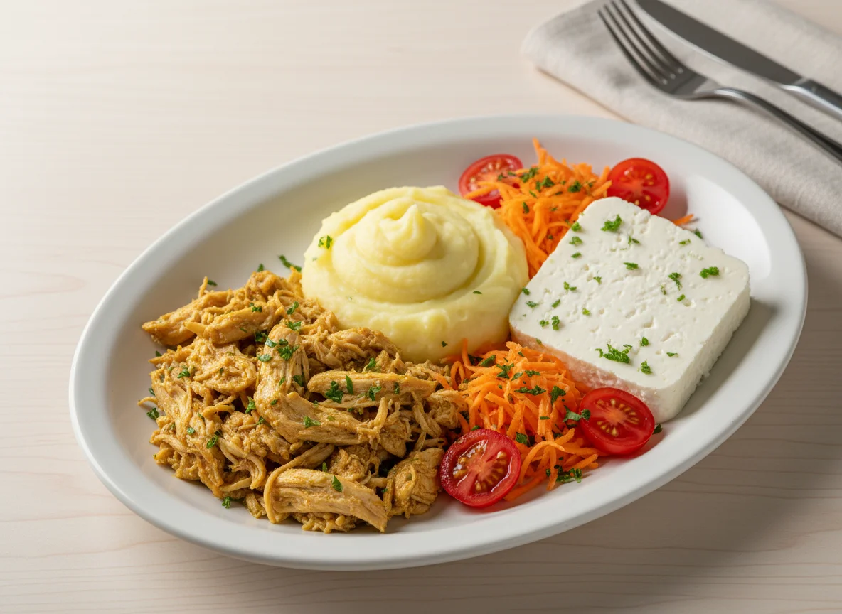 Prato variado com frango desfiado, queijo e vegetais photo