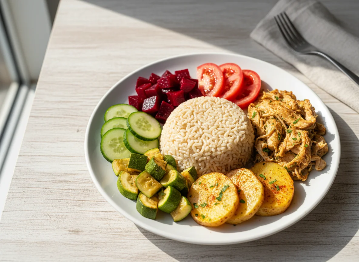 Prato variado com frango e arroz integral photo