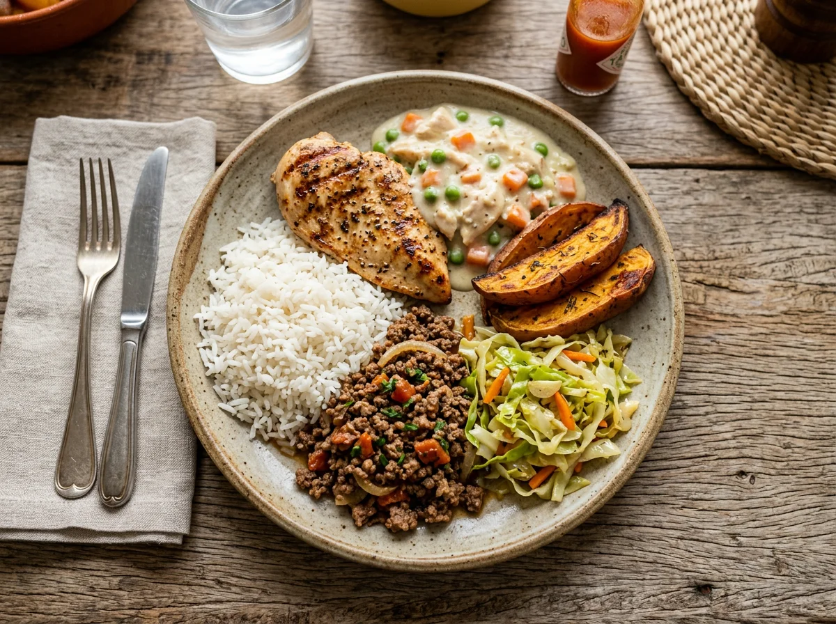 Prato variado com frango e carne moída photo