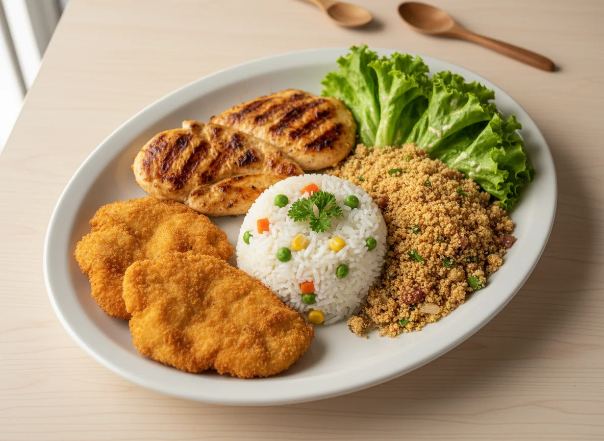 Prato variado com frango e farofa photo