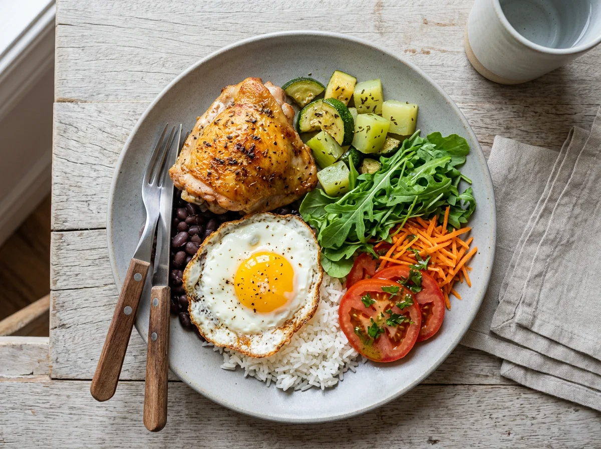 Prato variado com frango e ovo photo