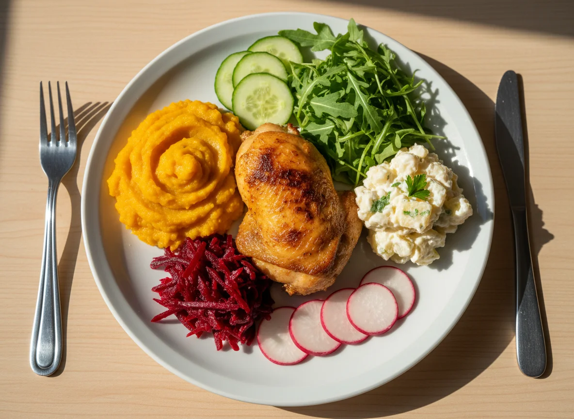 Prato variado com frango e purê de abóbora photo