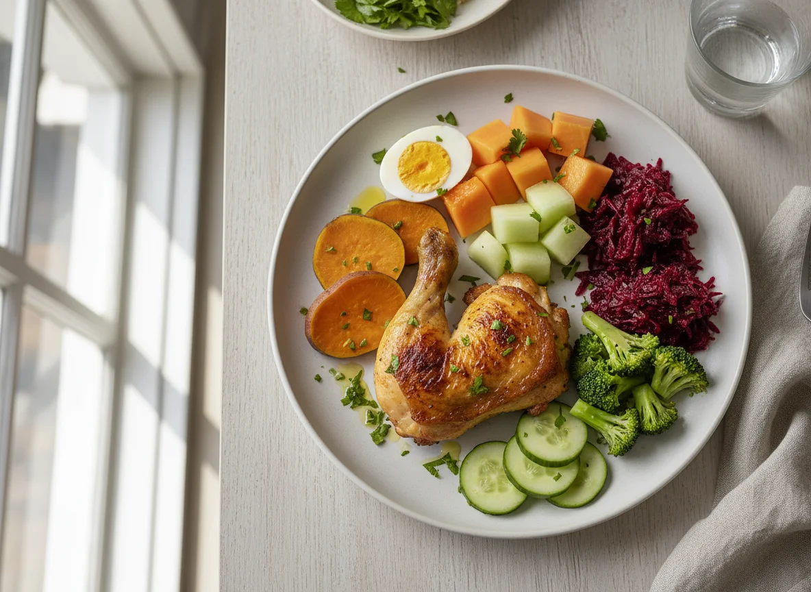 Prato variado com frango e salada photo