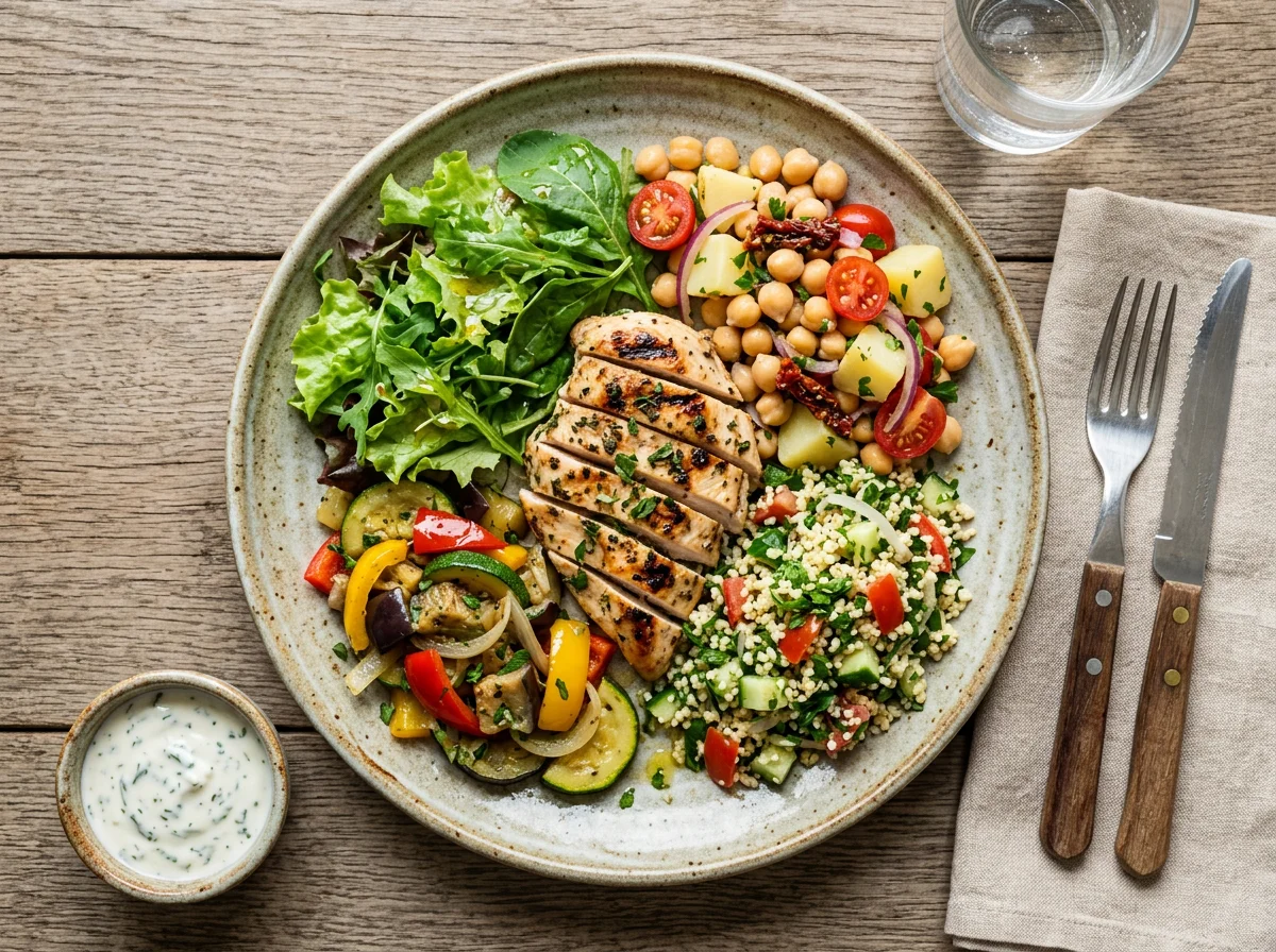 Prato variado com frango e saladas photo