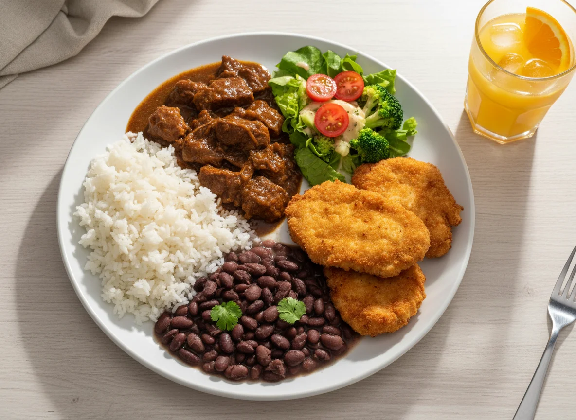 Prato variado com frango empanado, carne de panela, arroz, feijão e salada photo