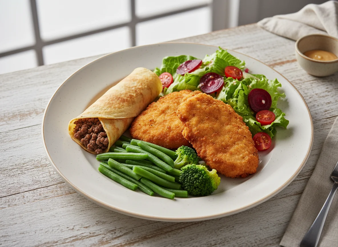 Prato variado com frango empanado e salada photo