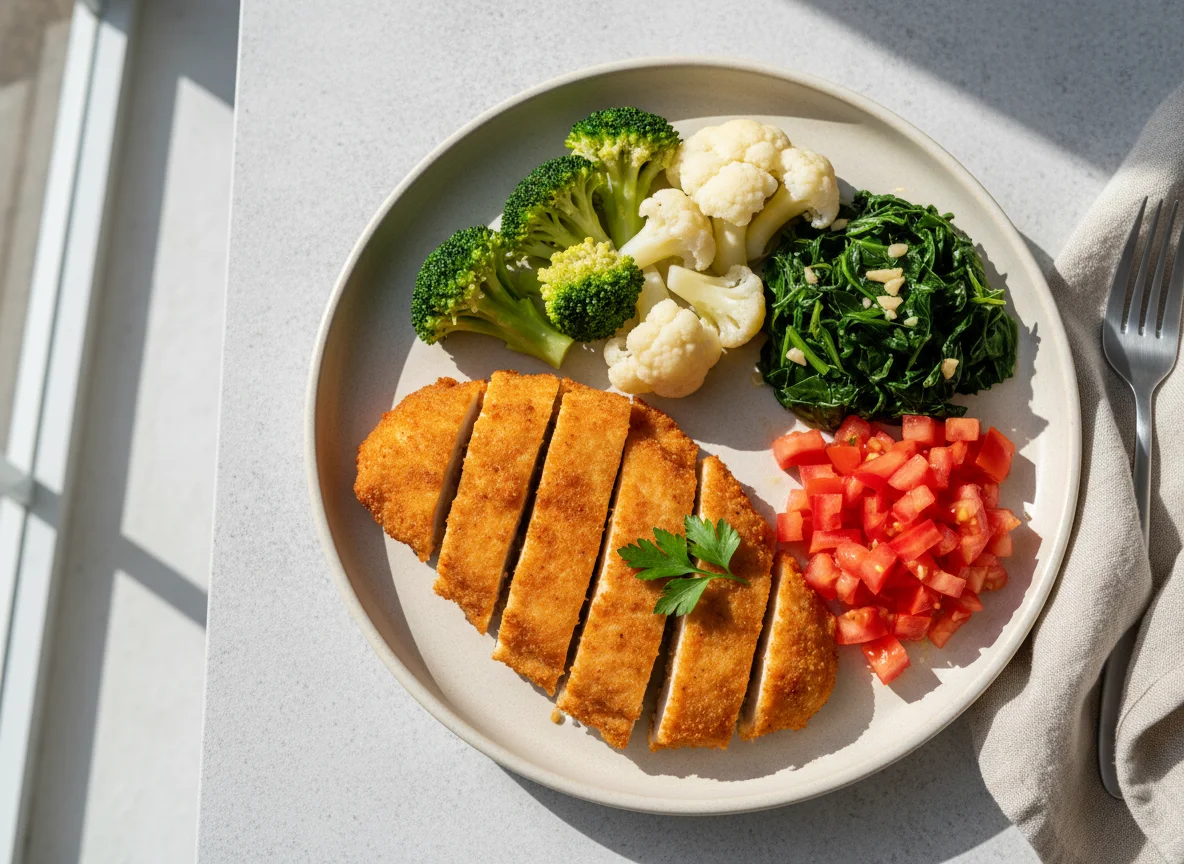 Prato variado com frango empanado e vegetais photo