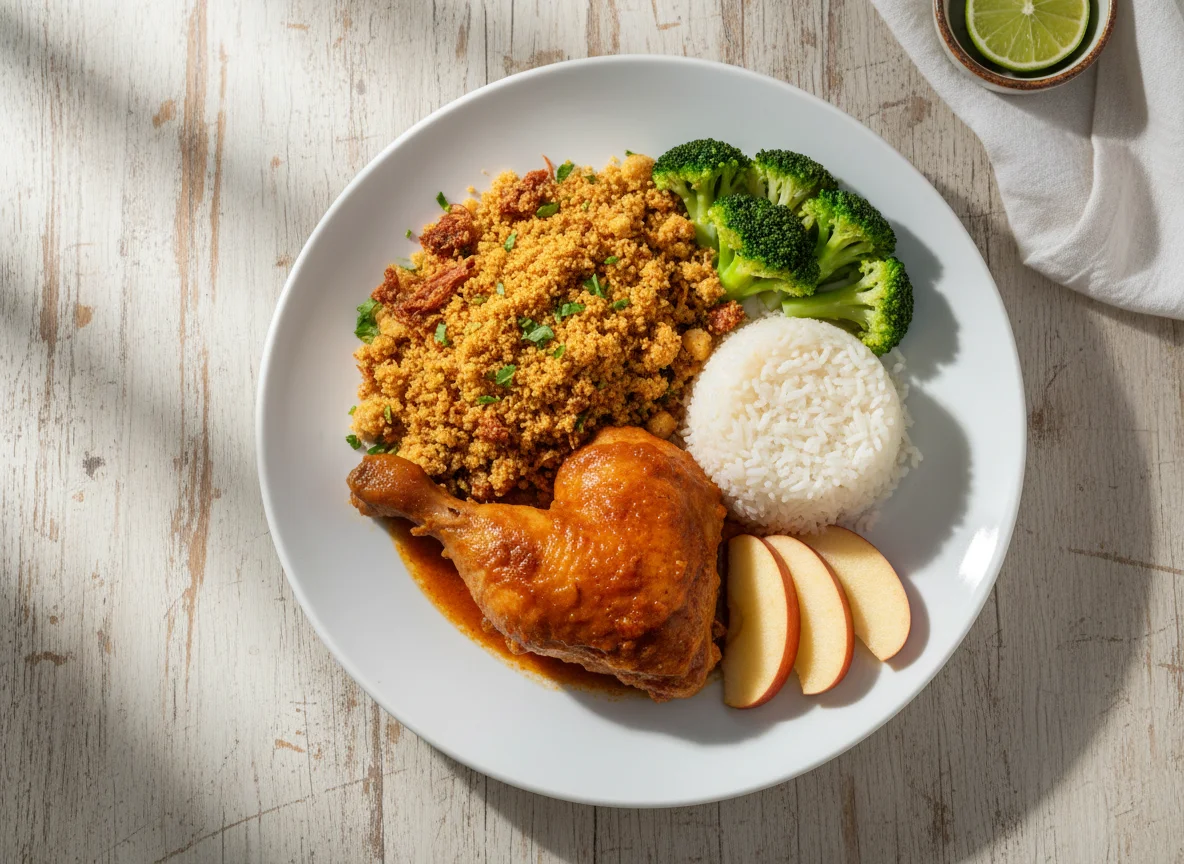 Prato variado com frango, farofa, arroz, brócolis e maçã photo