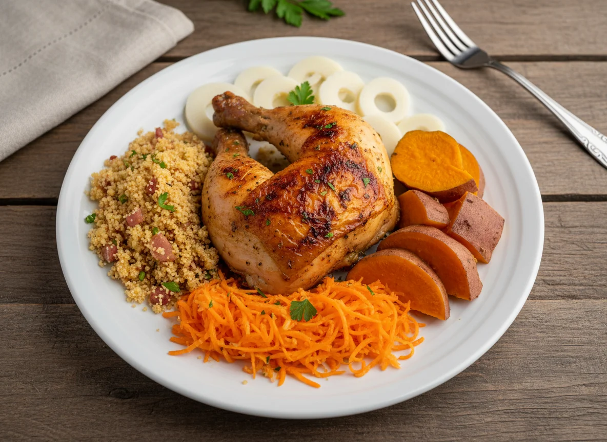Prato variado com frango, farofa, cenoura, batata doce e palmito photo