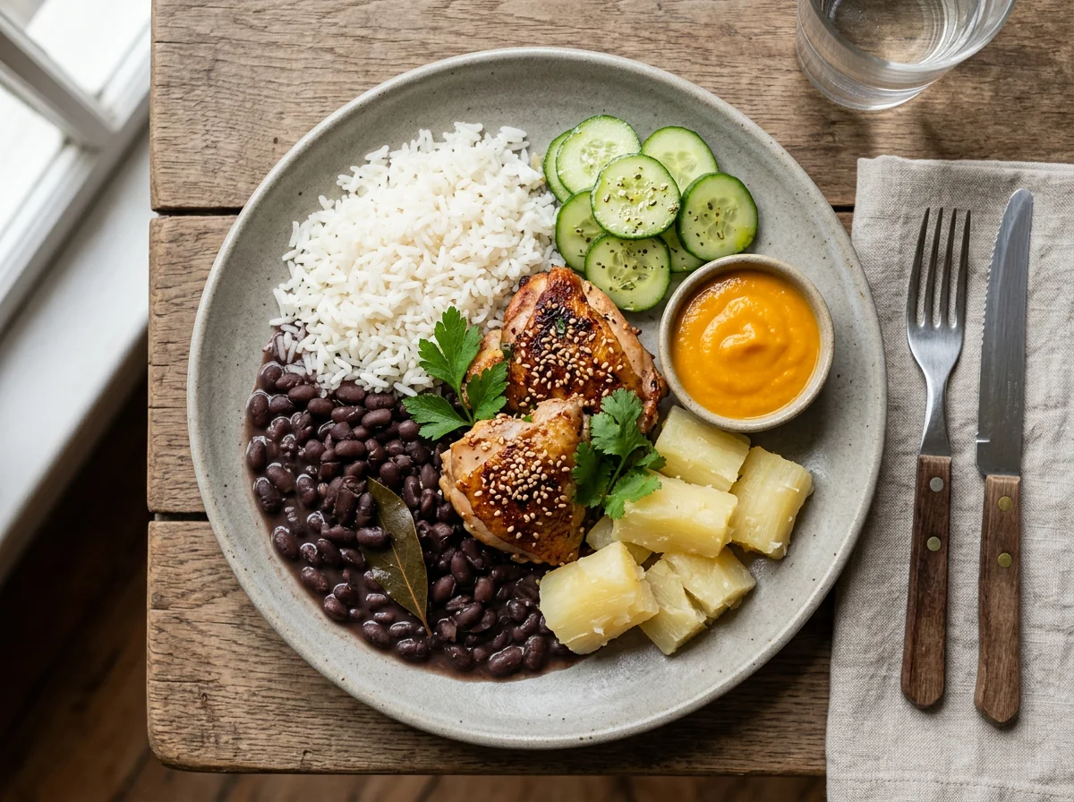 Prato variado com frango, feijão, arroz e aipim photo