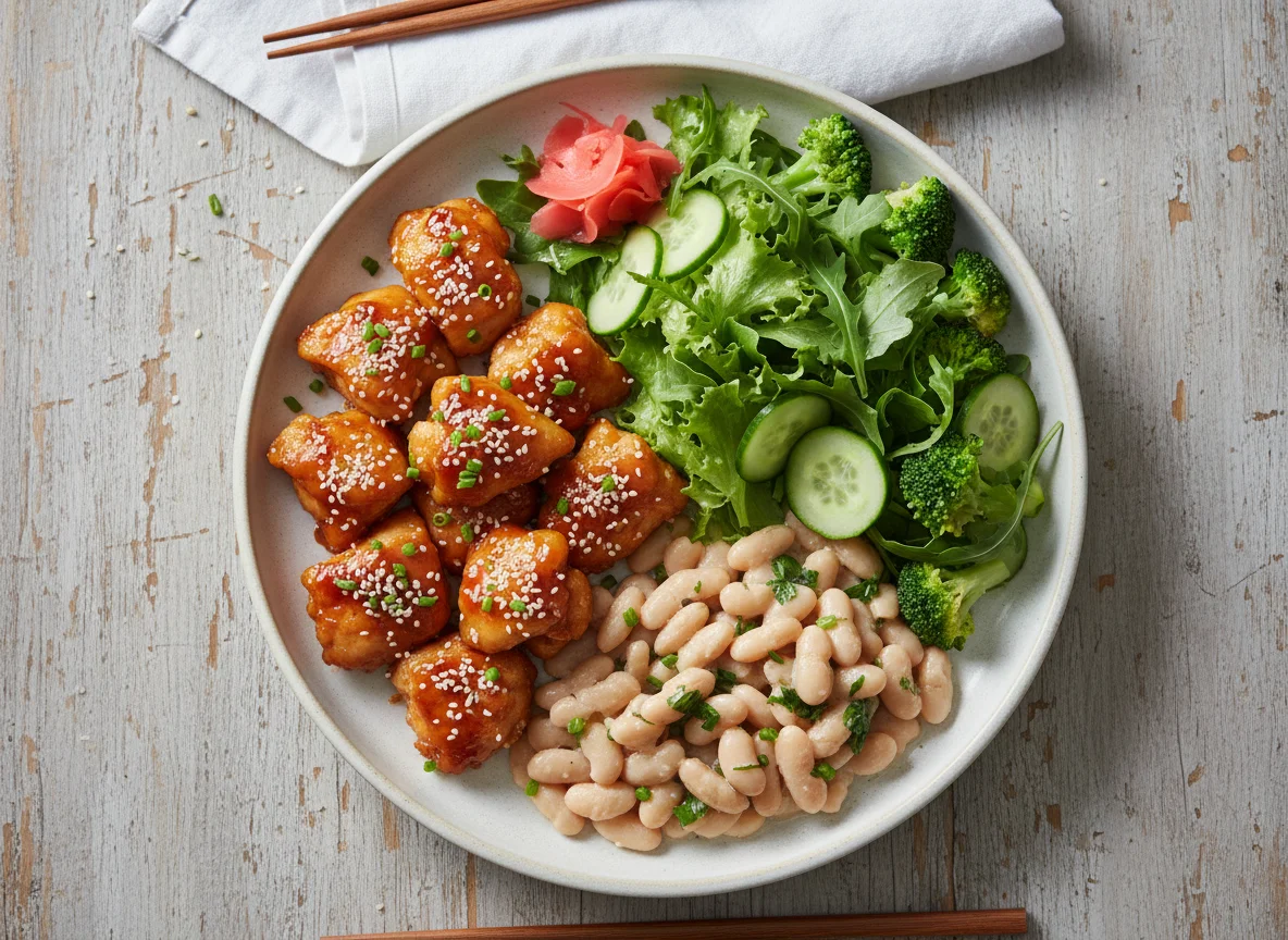Prato variado com frango, feijão branco e salada photo