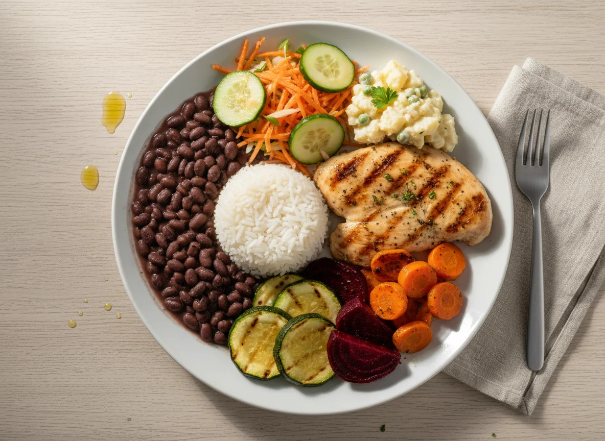 Prato variado com frango, feijão e legumes photo