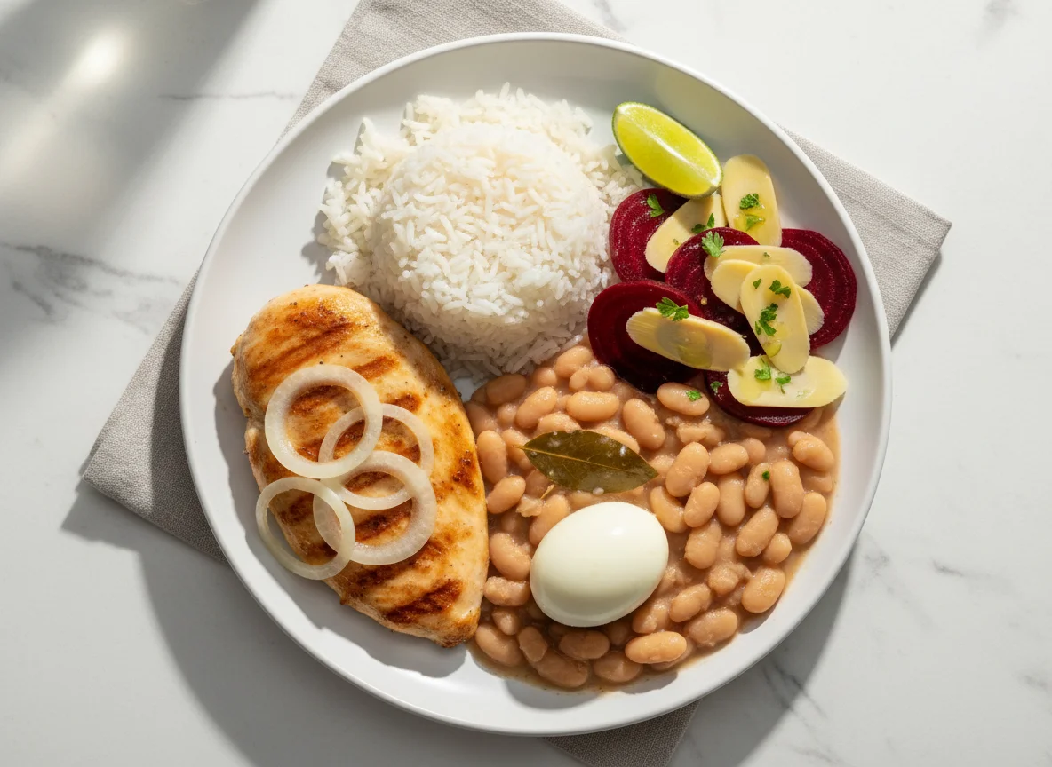 Prato variado com frango, feijão e salada photo