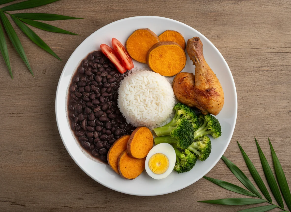 Prato variado com frango, feijão e vegetais photo