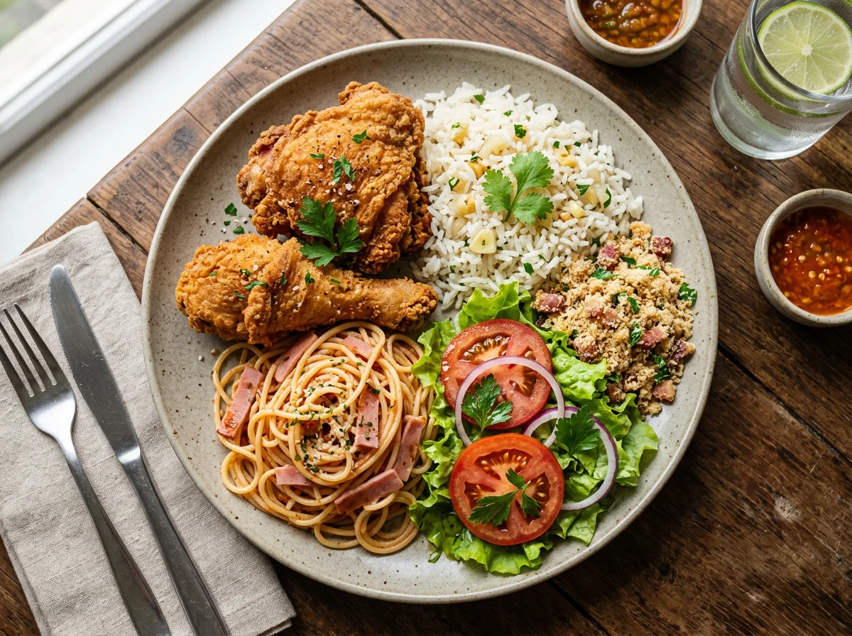 Prato variado com frango frito, arroz, macarrão e salada photo