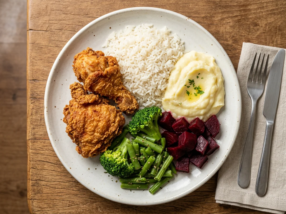 Prato variado com frango frito, arroz, purê e vegetais photo