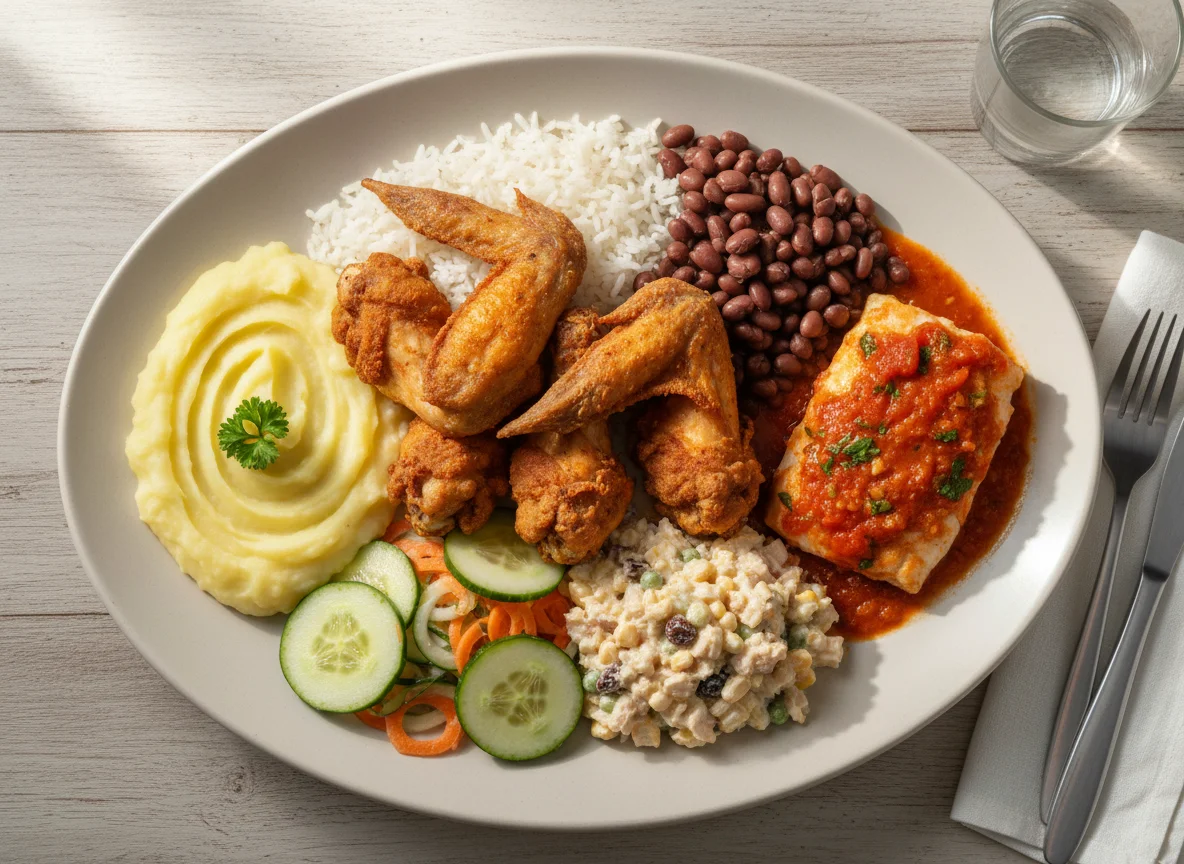 Prato variado com frango frito e acompanhamentos photo