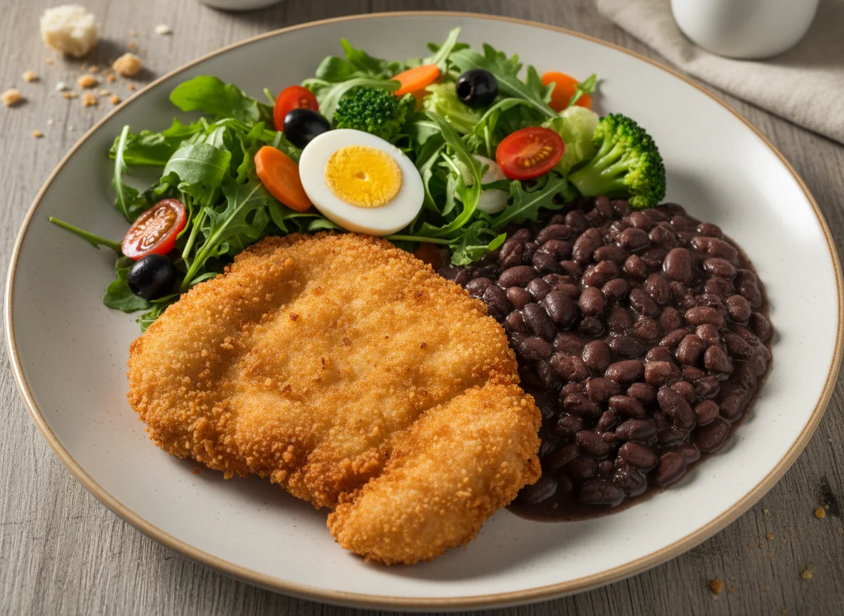 Prato variado com frango frito e salada photo