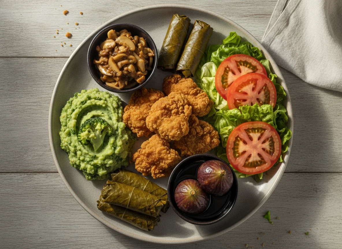 Prato variado com frango frito, salada e acompanhamentos photo