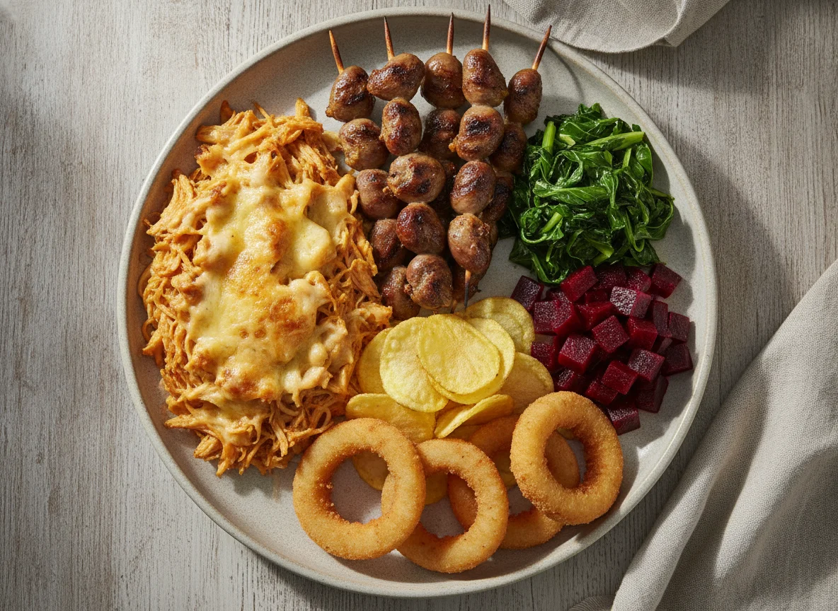 Prato variado com frango gratinado, corações de frango e acompanhamentos photo
