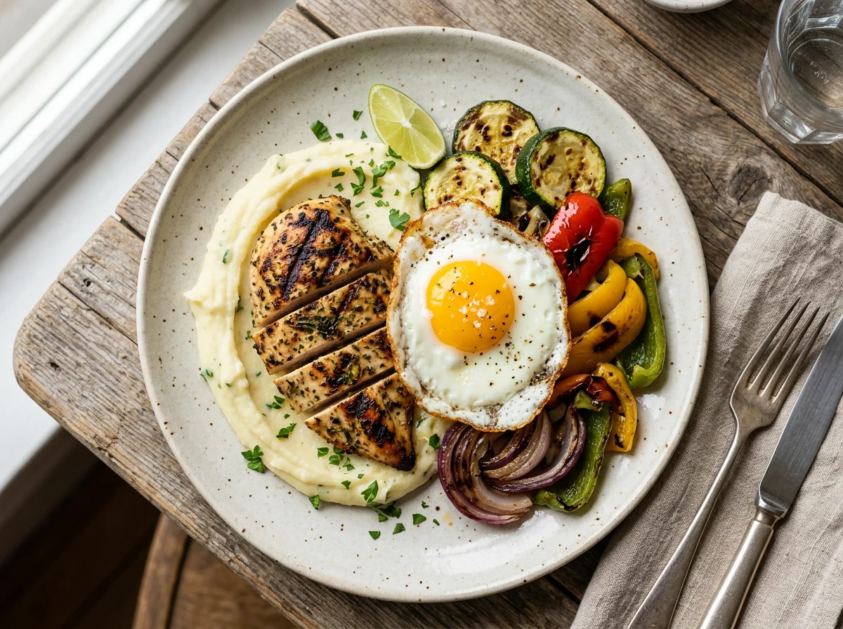 Prato variado com frango grelhado e purê photo