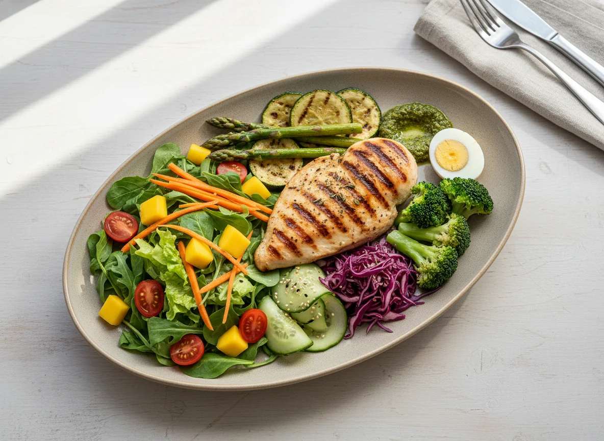 Prato variado com frango grelhado e salada photo