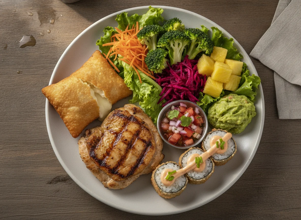 Prato variado com frango grelhado, pastel e salada photo
