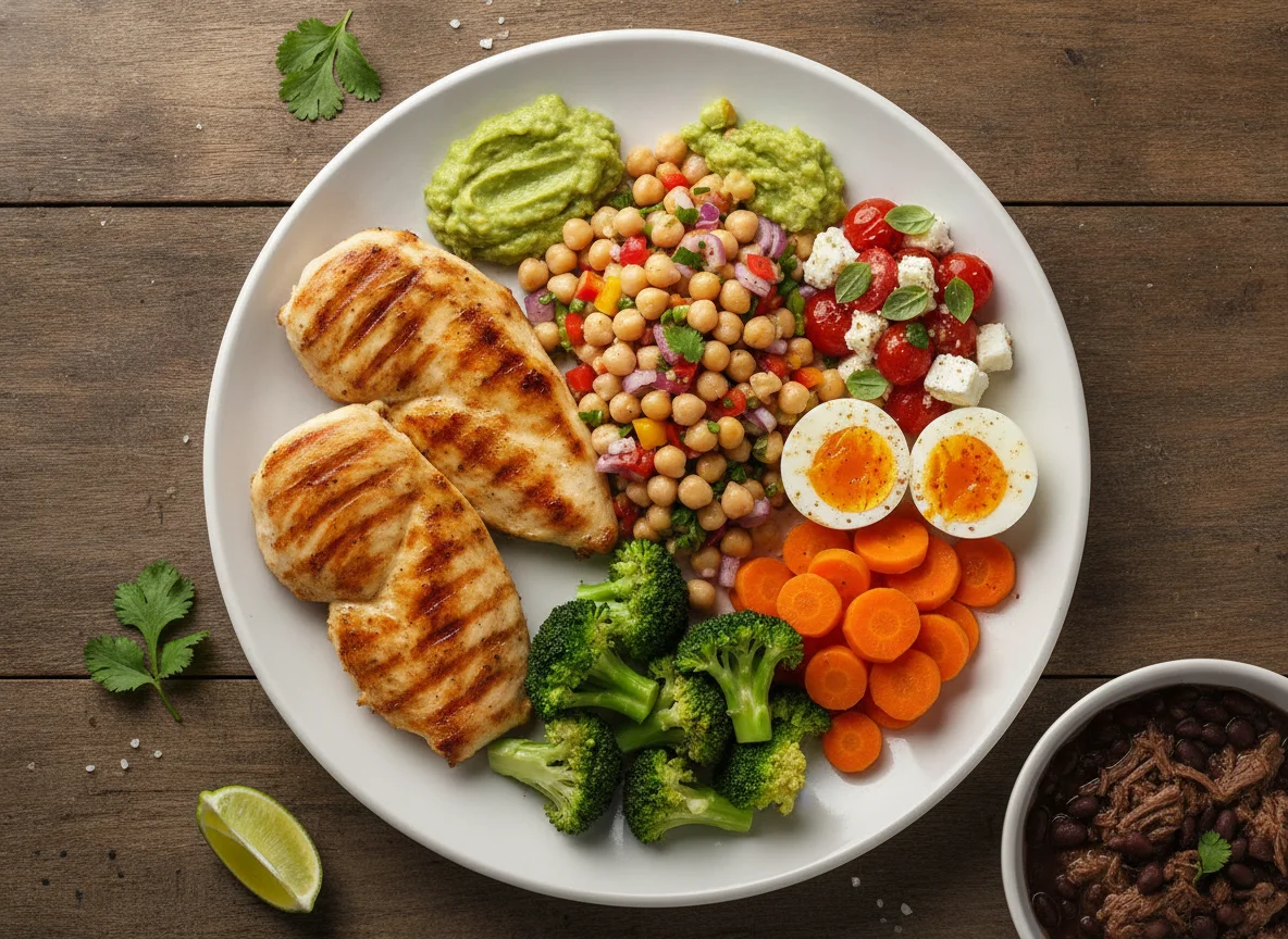 Prato variado com frango grelhado, salada de grão-de-bico e vegetais photo