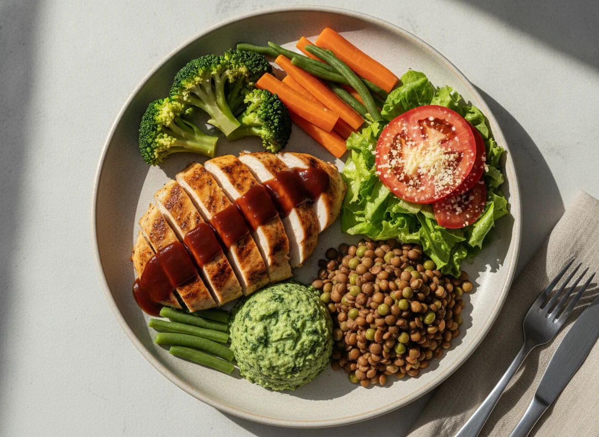 Prato variado com frango, legumes e molho photo