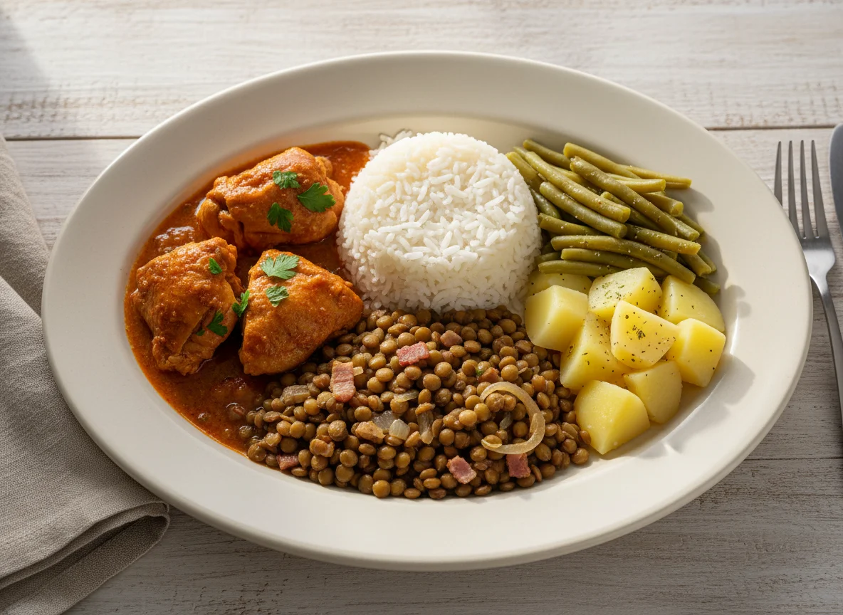 Prato variado com frango, lentilha, arroz e legumes photo