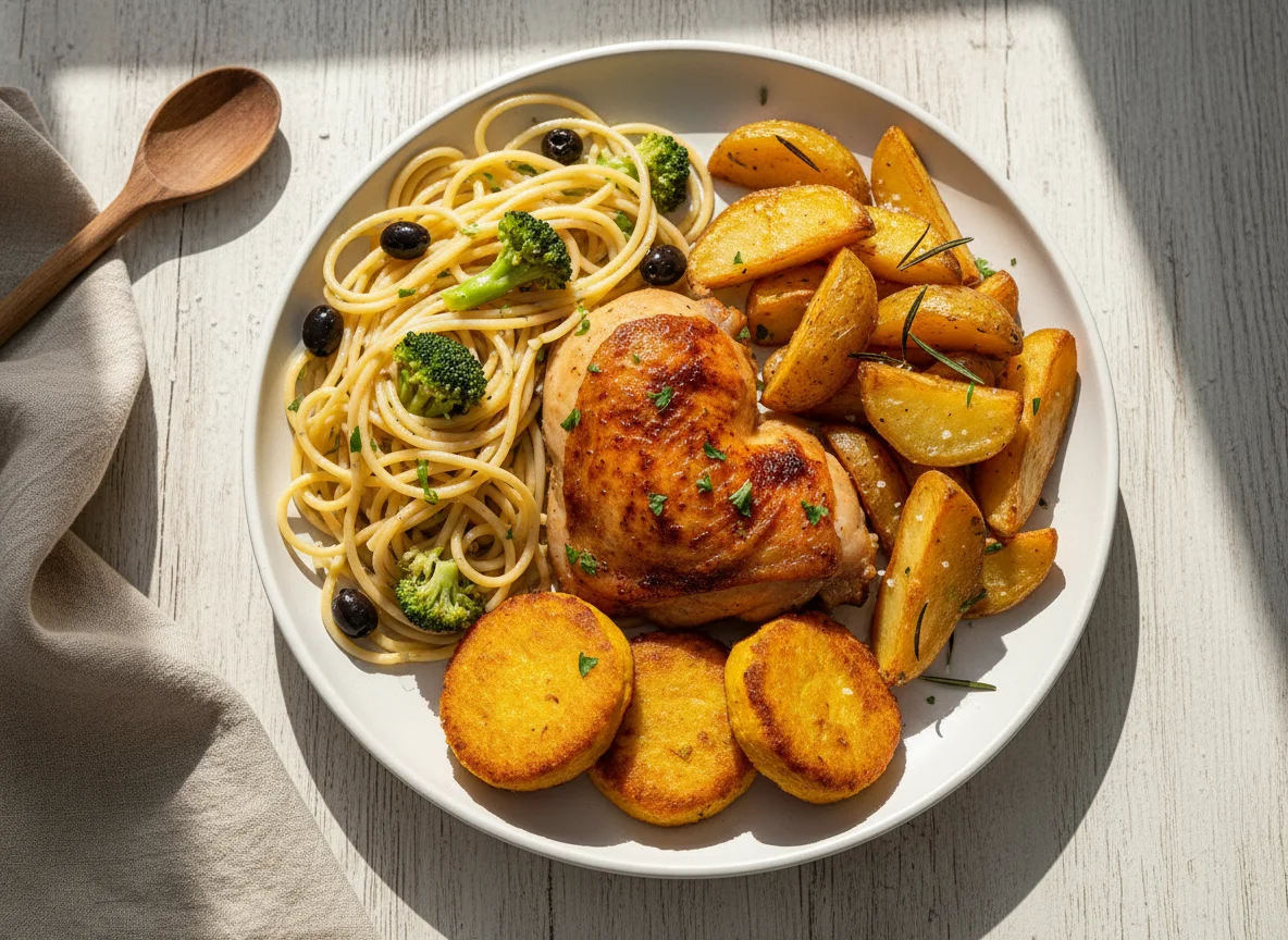 Prato variado com frango, massa e acompanhamentos photo