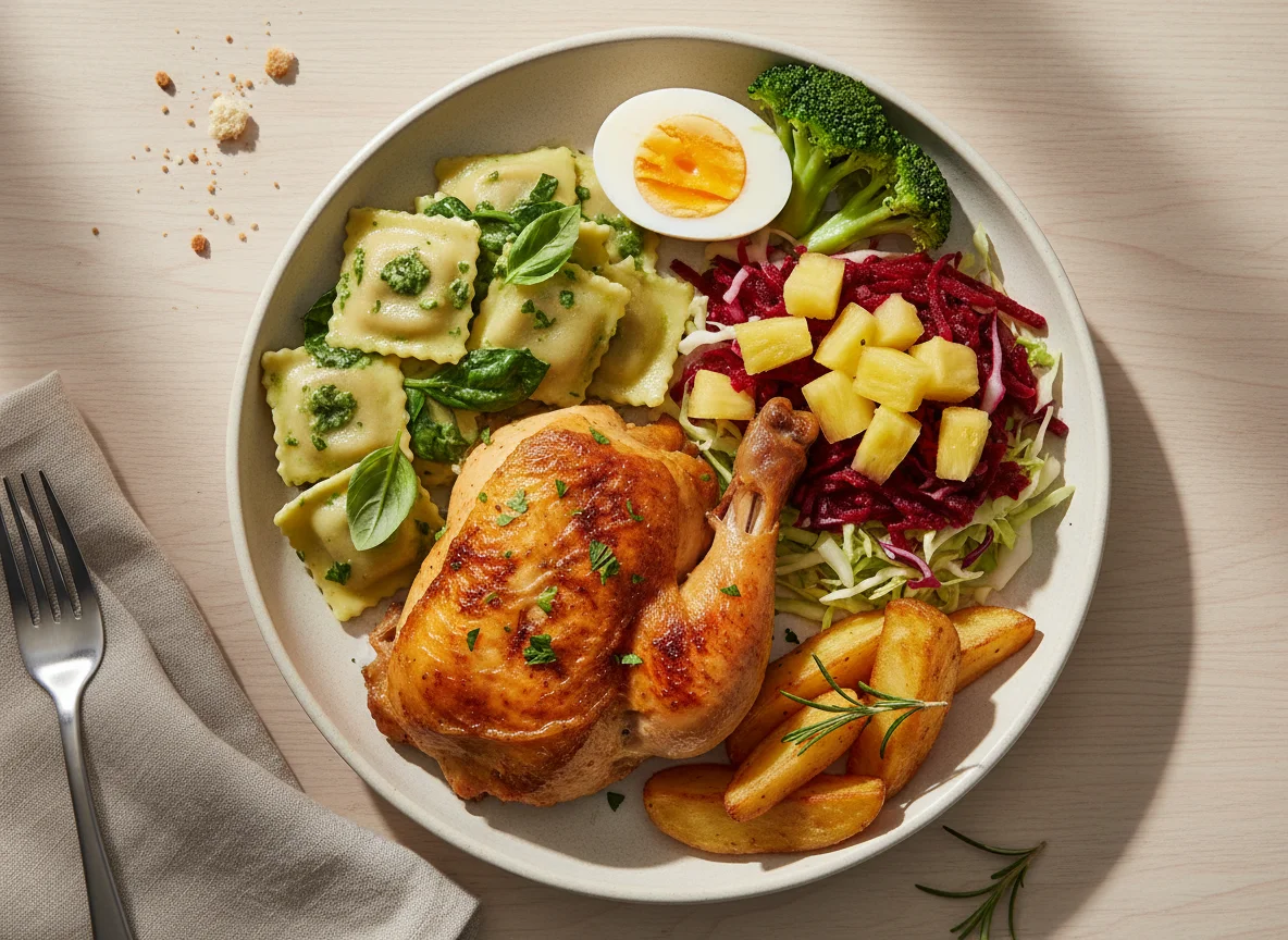 Prato variado com frango, massa e salada photo