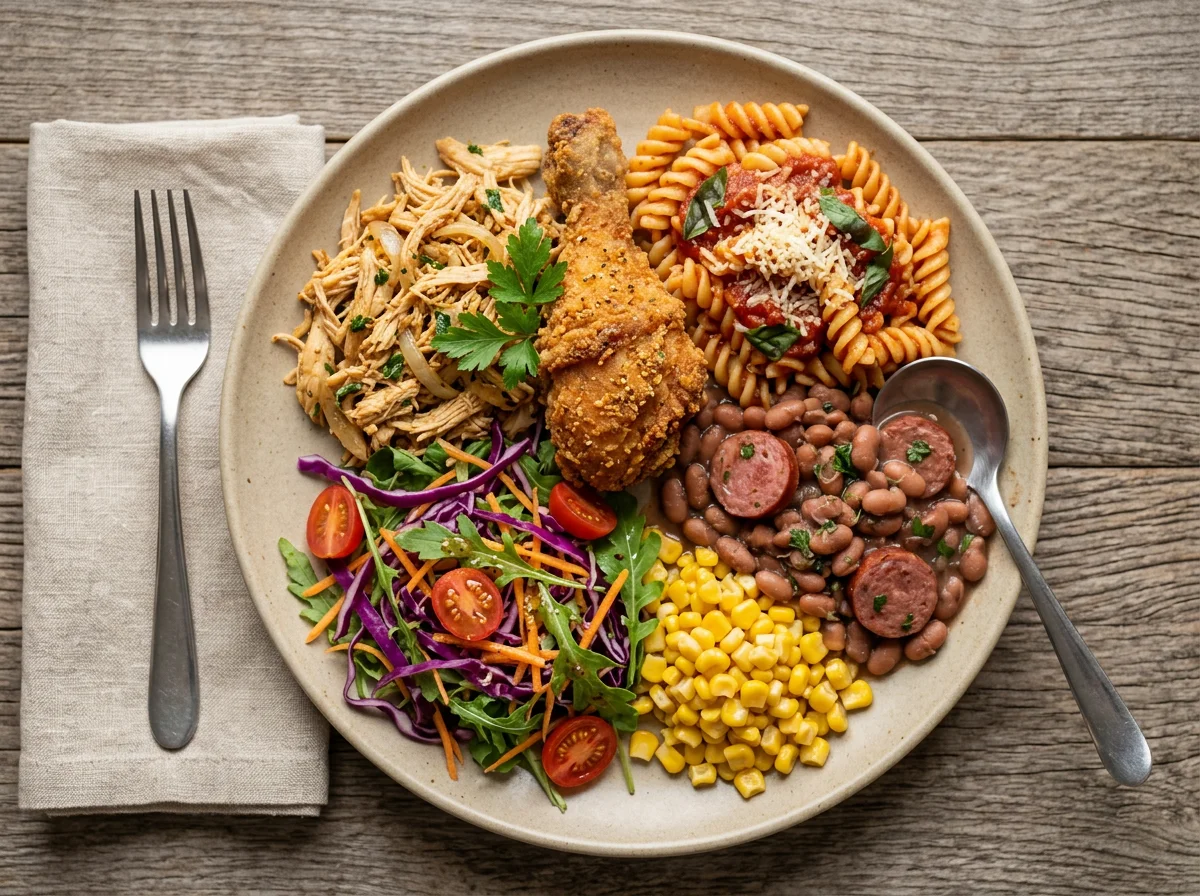 Prato variado com frango, massa, feijão e salada photo