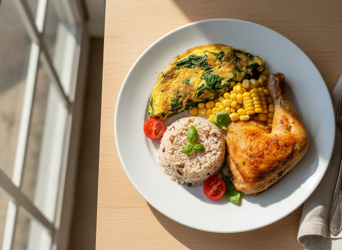 Prato variado com frango, milho, arroz e omelete de espinafre photo
