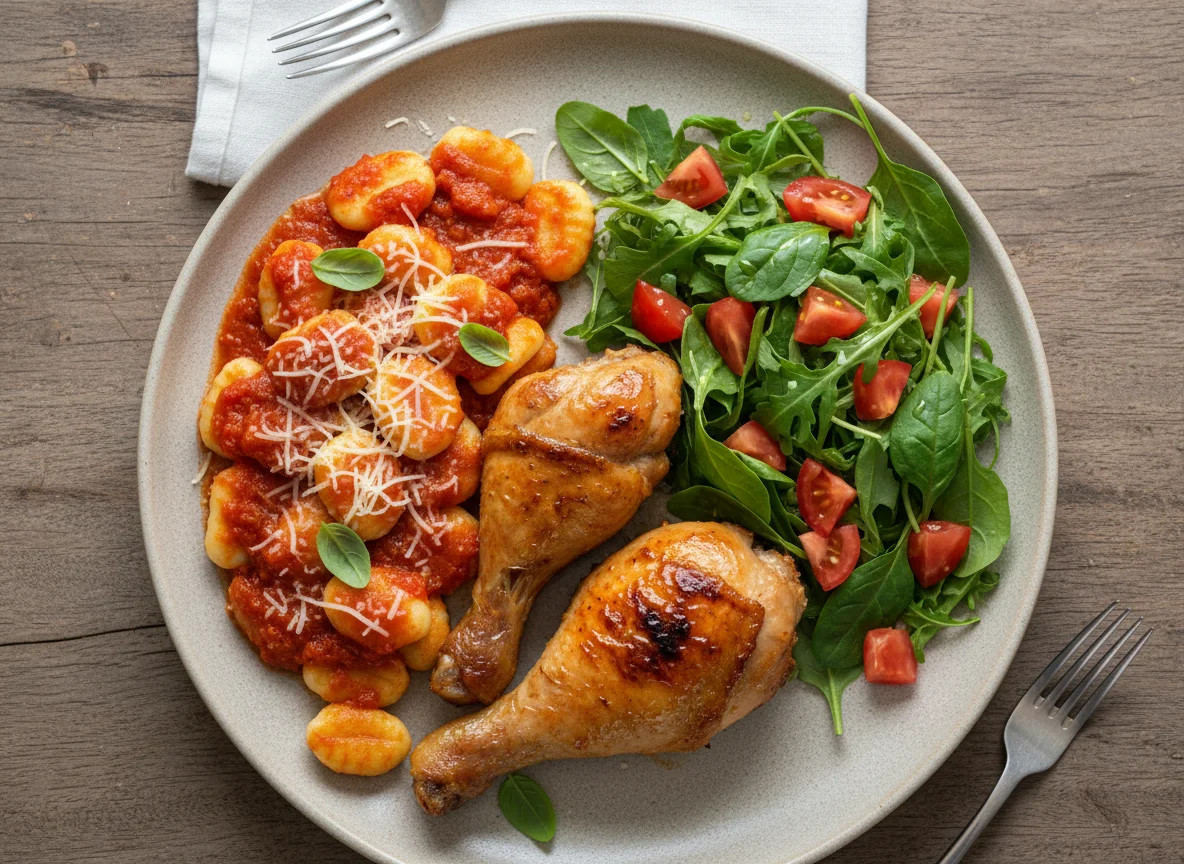 Prato variado com frango, nhoque e salada photo