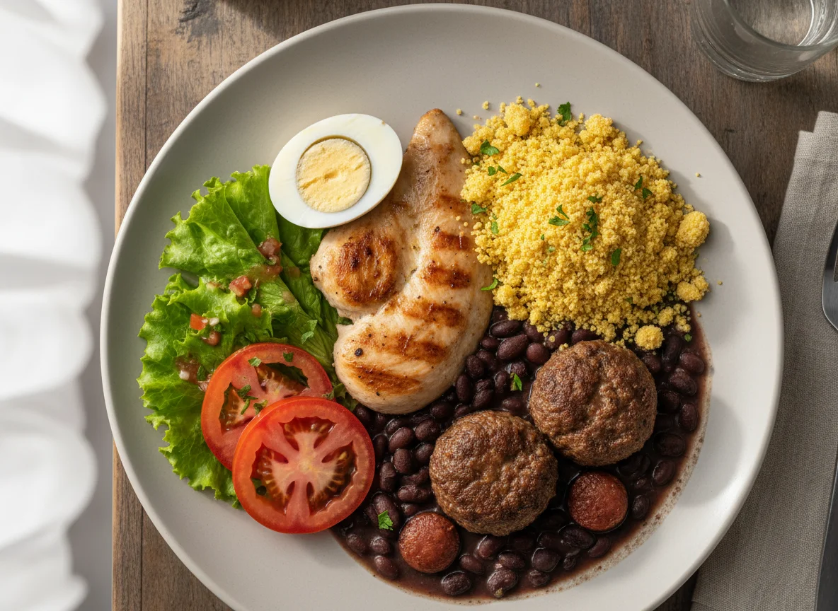 Prato variado com frango, ovos, farofa, feijão, almôndegas e salada photo
