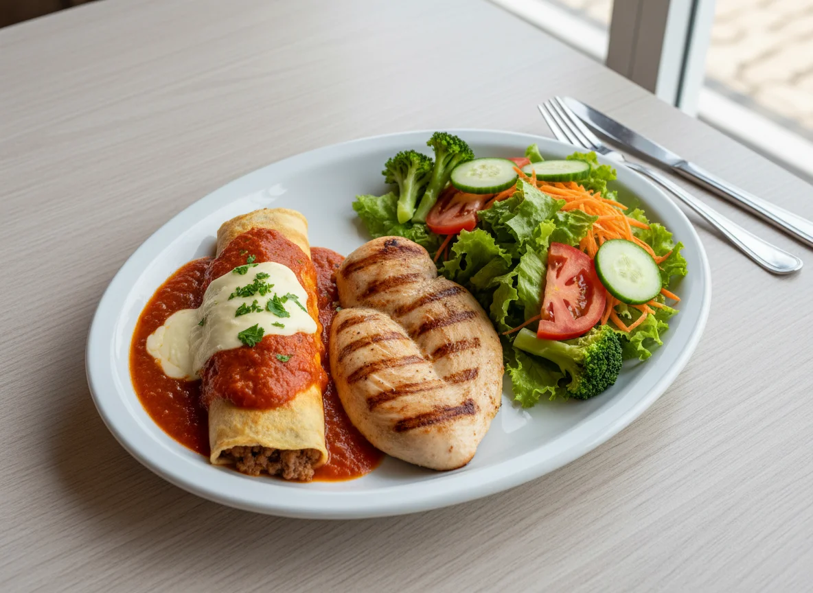 Prato variado com frango, panqueca e salada photo