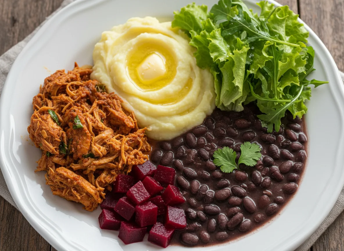 Prato variado com frango, purê, feijão e salada photo