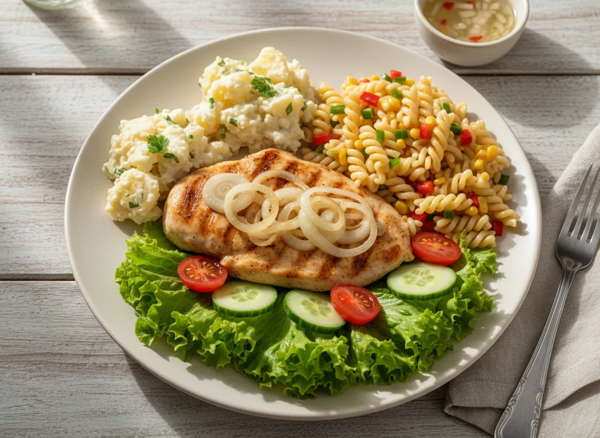 Prato variado com frango, salada e batatas photo